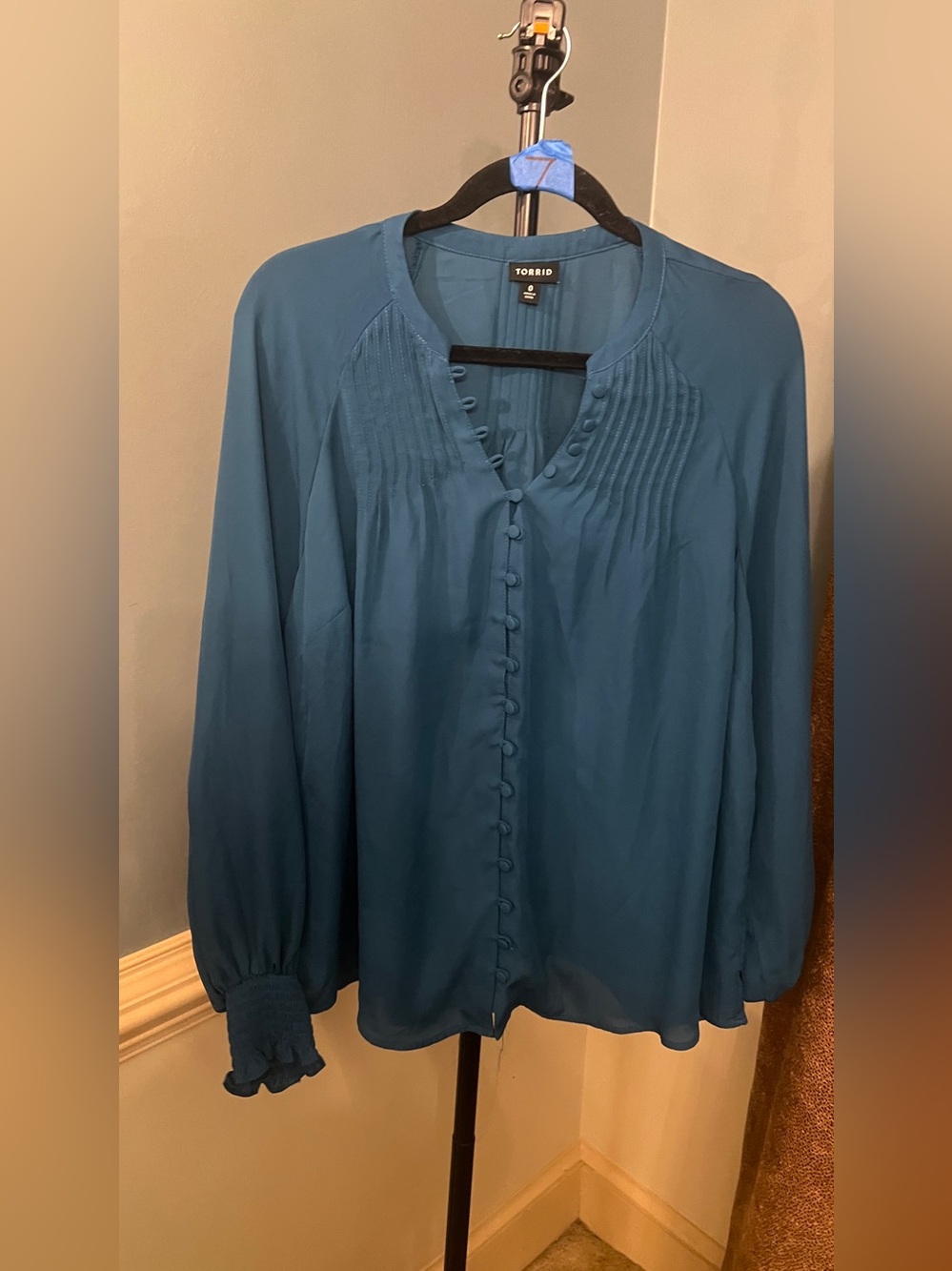 torrid Teal Long-Sleeve Pintuck Button Blouse